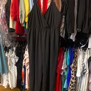 SHEIN Black V-Neck Wide Leg Jumpsuit